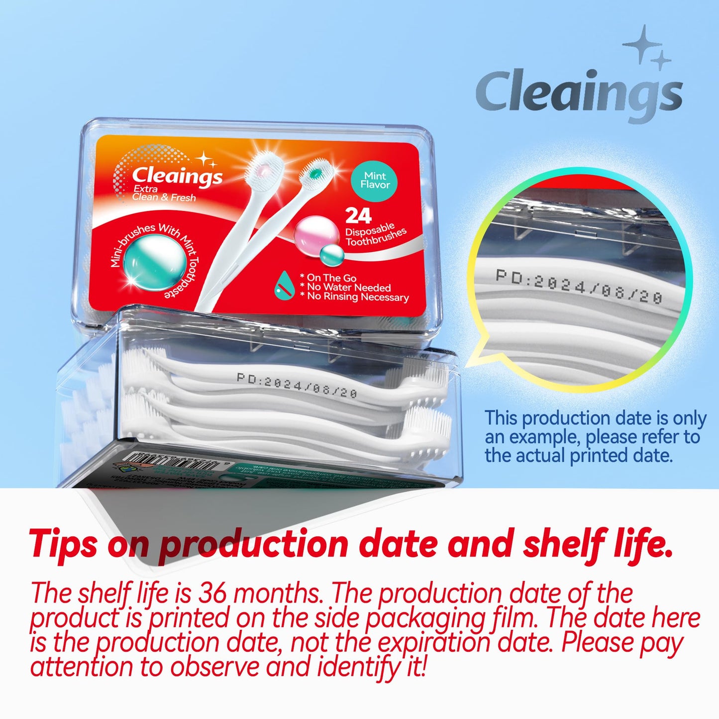 cleaings® Mini Brushes-Disposable Toothbrushes with Toothpaste and Pick for Work or Travel, 24 Count (Mint Flavor（Pack of 1）)