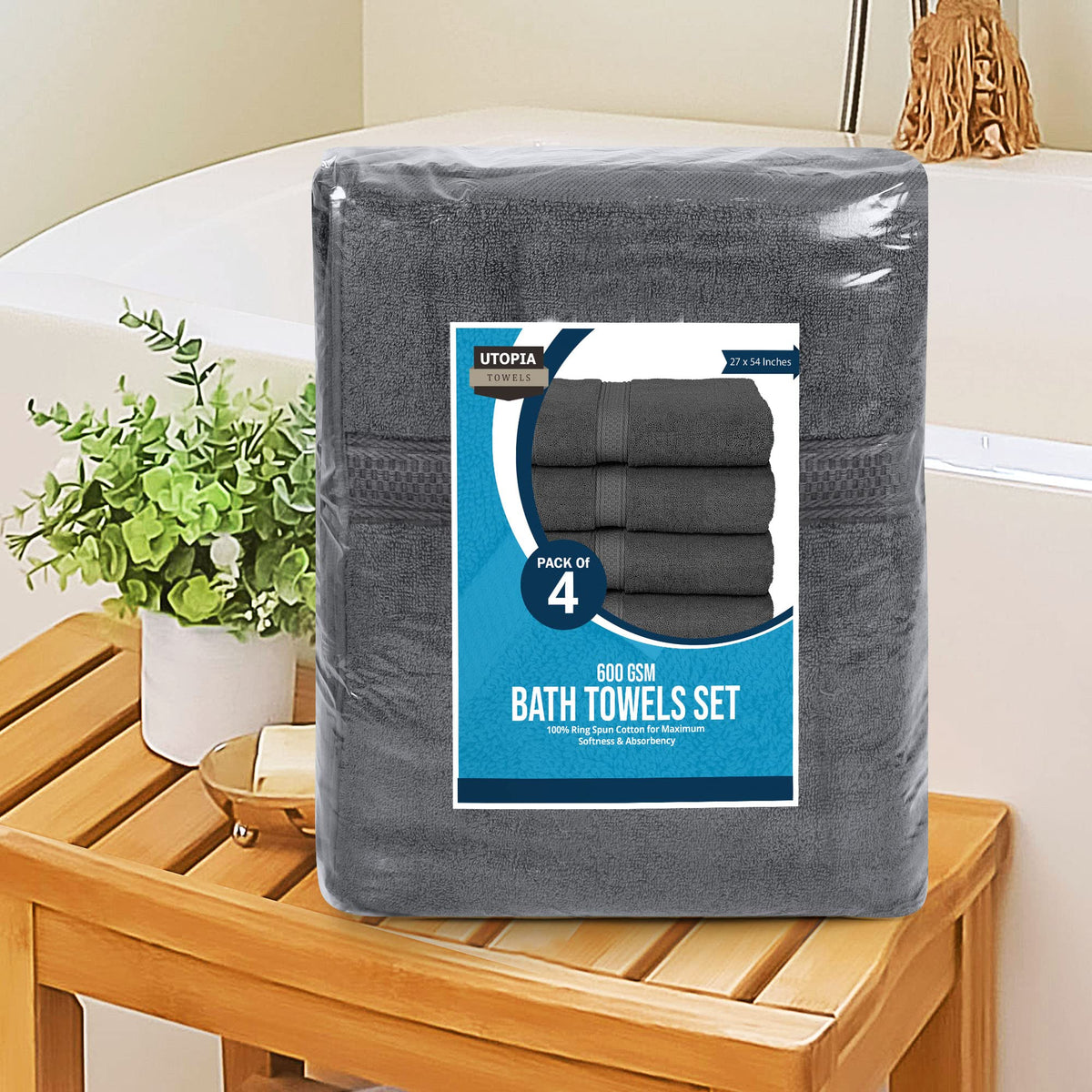 Utopia Towels 4 Pack Premium Bath Towels Set, 27 by 54 Inches, 100% Ring Spun Cotton 600GSM, Lightweight and Highly Absorbent Quick Drying Towels, Perfect for Daily Use, Grey