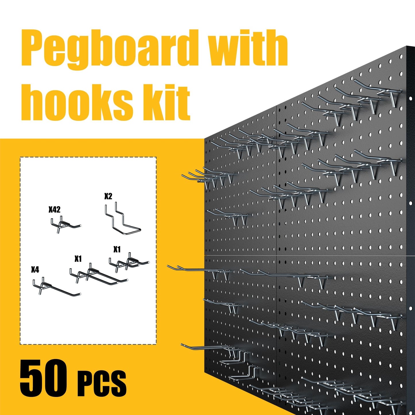 Spampur Peg Board, 4 Pack Metal Pegboard Panels with 50 Hooks, Black Pegboards Wall Organizer, Heavy Duty Peg Board for Walls Home, Garage Tool Storage, Office Organization, Craft Room, Kitchen