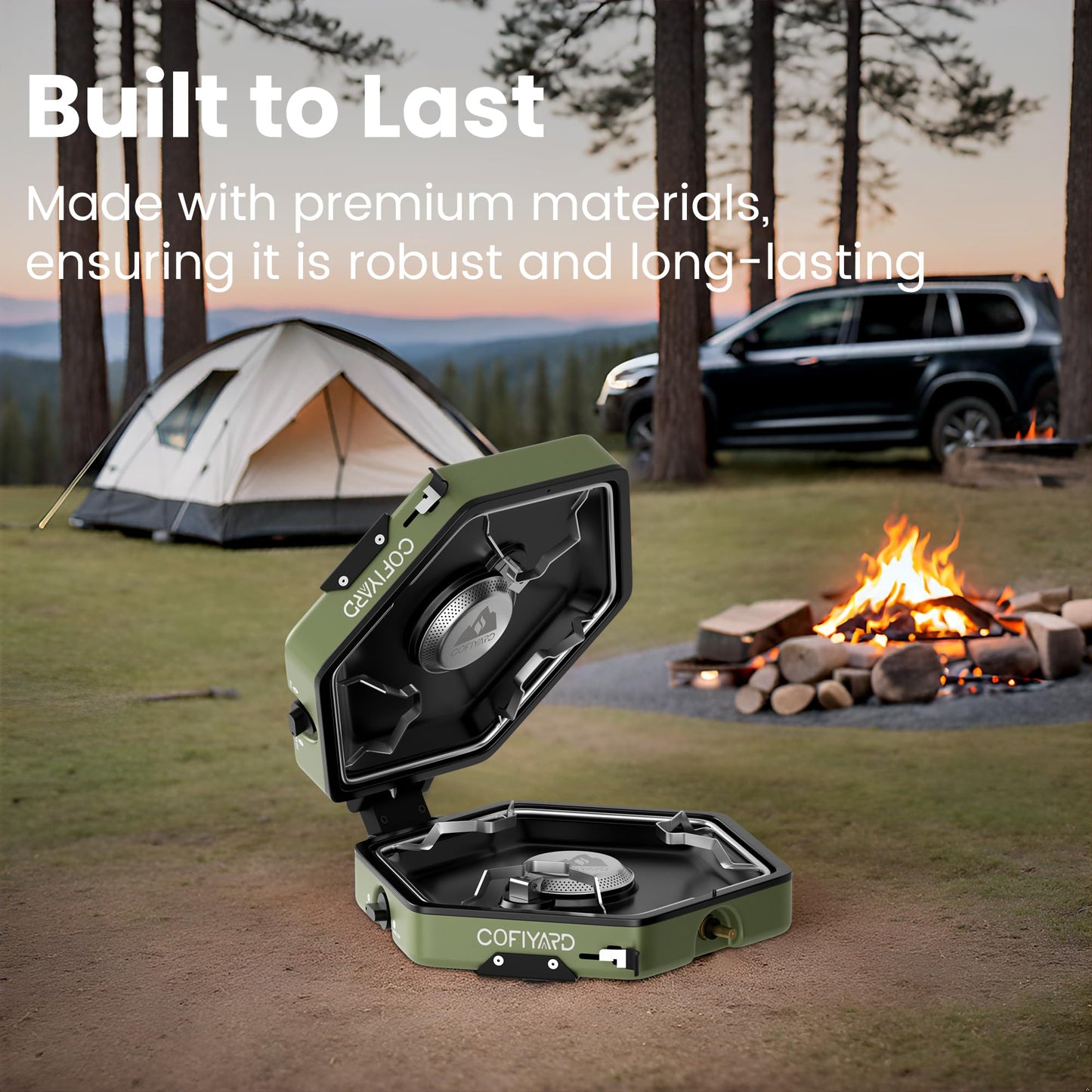 Cofiyard Propane 2-Burner Camping Stove with Carrying Bag and Gas Stove Pressure Regulator, Camping Essentials Folding Camp Stove with Flick-Style Ignition for Backpacking, Outdoor Cooking, Tailgating
