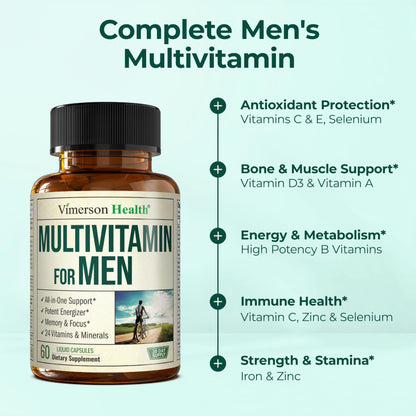 Multivitamin for Men with Bioavailable Vitamins, Minerals, Vitamin D, B12, C, A & Zinc for Energy, Focus and Immune Health – Premium Mens Multivitamins & Multiminerals – 60 Liquid Caps