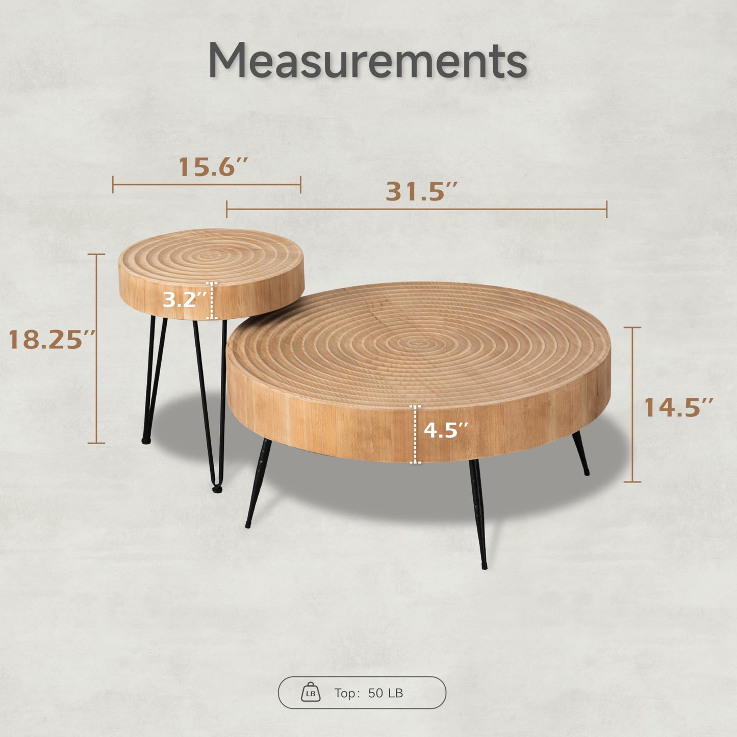 COZAYH 2-Piece Round Nesting Coffee Table Set, Natural Wood Top with Black Metal Legs, Ring Pattern – Rustic Farmhouse Accent for Living Room or Bedroom – Space-Saving Modern Furniture