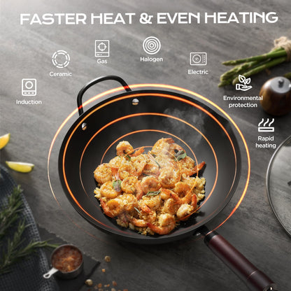 Wok, 13 Inch carbon steel woks & stir-fry pans nonstick, Pre-Seasoned 5.8QT Flat Bottom Chinese Wok Paella Pan with lid, Carbon Steel Cookware, Compatible with All Cooktops