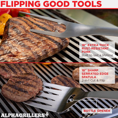 Alpha Grillers BBQ Grilling Accessories - Fathers Day Gifts for Dad - Heavy Duty Barbecue Grill Tools Utensils Set for Outdoor Grill with Spatula, Fork, Brush, Tongs Grilling Gift for Men Him Husband