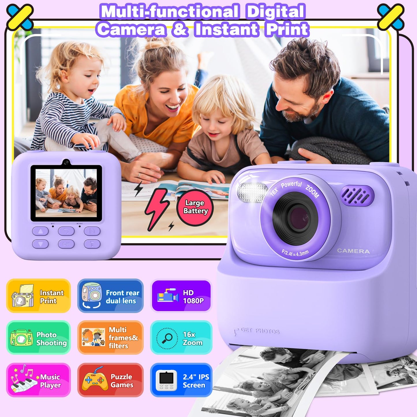 masterbee Kid Camera Instant Print Photo, Birthday Gifts for Girls and Boys, Kids Digital Camera Toys, 1080P HD Video, 3 4 5 6 7 8 9 10 11 12 Year Old Boy Gifts/Girl Gifts Purple