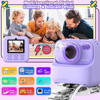 masterbee Kid Camera Instant Print Photo, Birthday Gifts for Girls and Boys, Kids Digital Camera Toys, 1080P HD Video, 3 4 5 6 7 8 9 10 11 12 Year Old Boy Gifts/Girl Gifts Purple