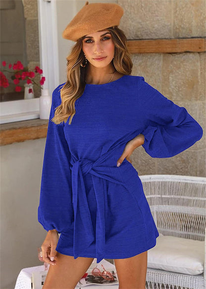 PRETTYGARDEN Women's Elegant Long Lantern Sleeve Short Dress Crewneck Tie Waist Knit Cocktail Dress (Blue,Small)