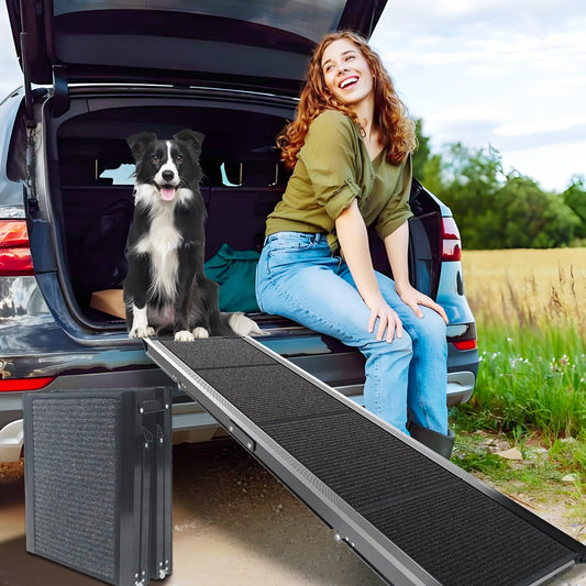 RUBLELITIE Dog Ramp for Cars SUV Truck-17.3x71in Heavy Duty Foldable Wide Outdoor Pet Stairs with Non-Slip Surface Portable Folding Design for Large Dogs Up to 250lbs (71" L x 17.3" W)