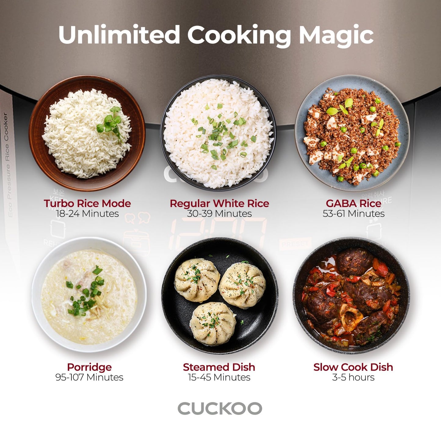 Cuckoo High 6 Cup Electric Heating Pressure Rice Cooker & Warmer – 12 Built-in Programs Including Glutinous (White), Mixed, Brown, GABA, Black Copper