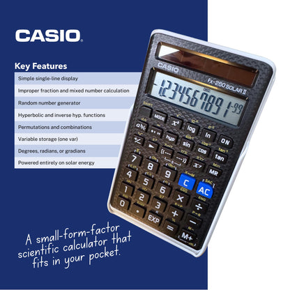 Casio fx-260 Solar II Scientific Calculator | 10-Digit Display | Fraction & Trig Functions | Ideal for Middle School, High School Math, Algebra, Trigonometry | Solar Powered