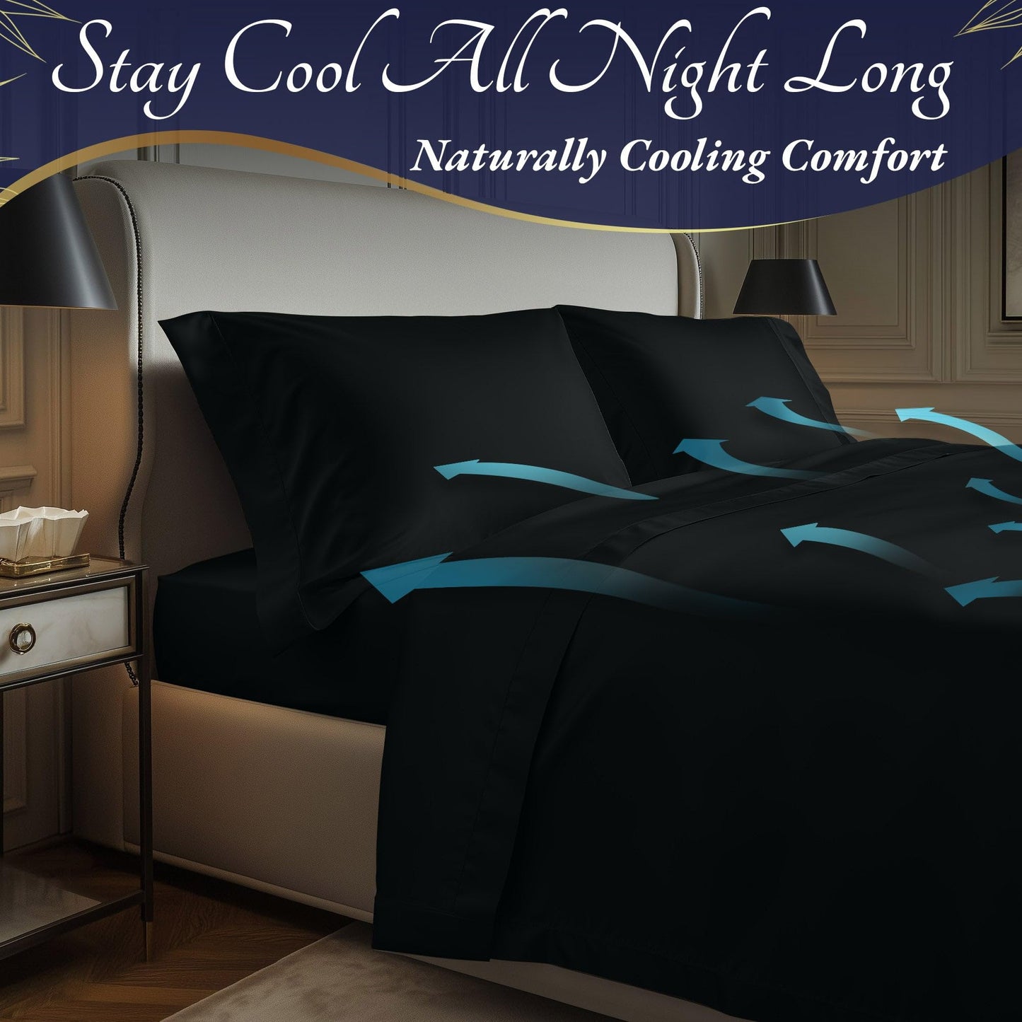 DECOLURE 100% Organic Viscose Derived from Bamboo Sheets Full Size 4pcs - Ultra Soft & Luxuriously Cooling, 17" Deep Pocket, Double Stitching, Perfect for Hot Sleepers - Full Bed Sheets (Black)