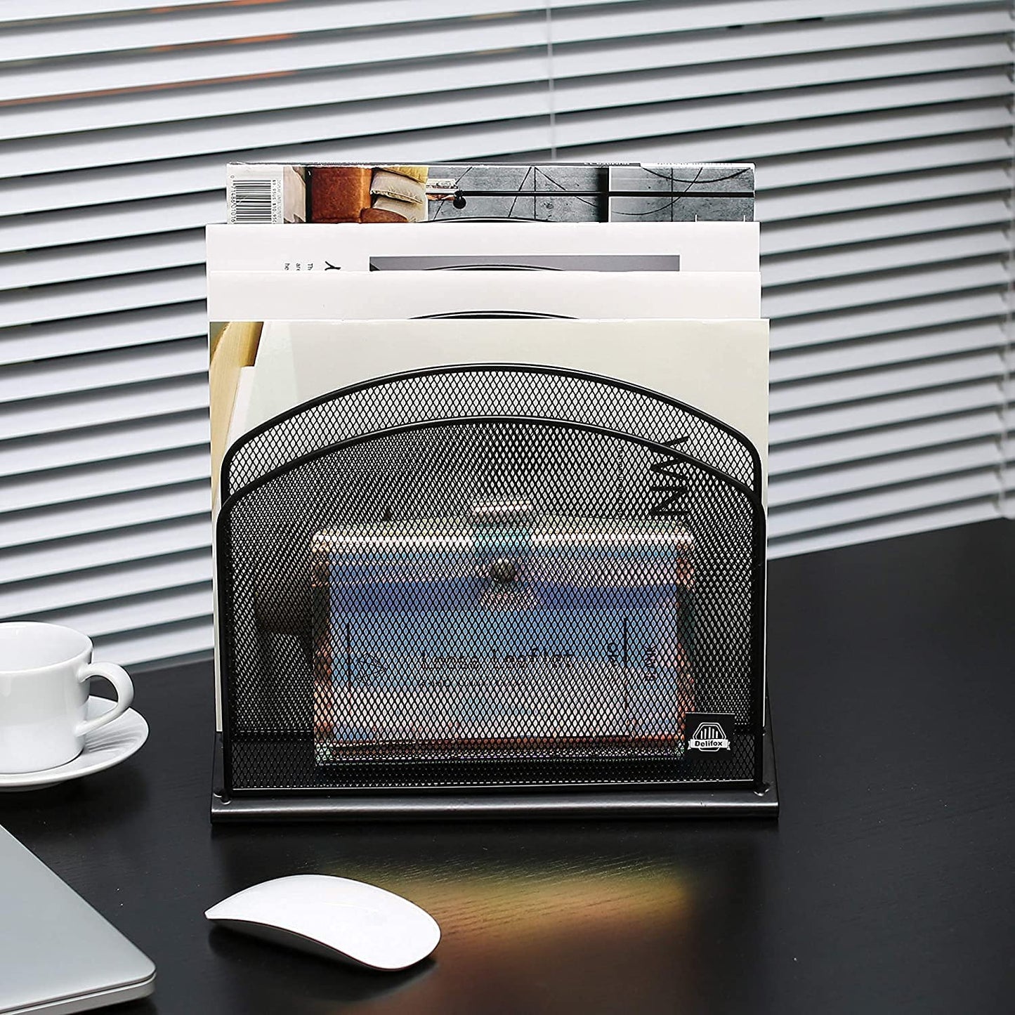 Delifox Inclined Desk File Organizer, 5-Section Vertical File Folder Holder Stand Metal Rack File Sorter for Office Classroom Desktop Organization (Black, 1Pack)