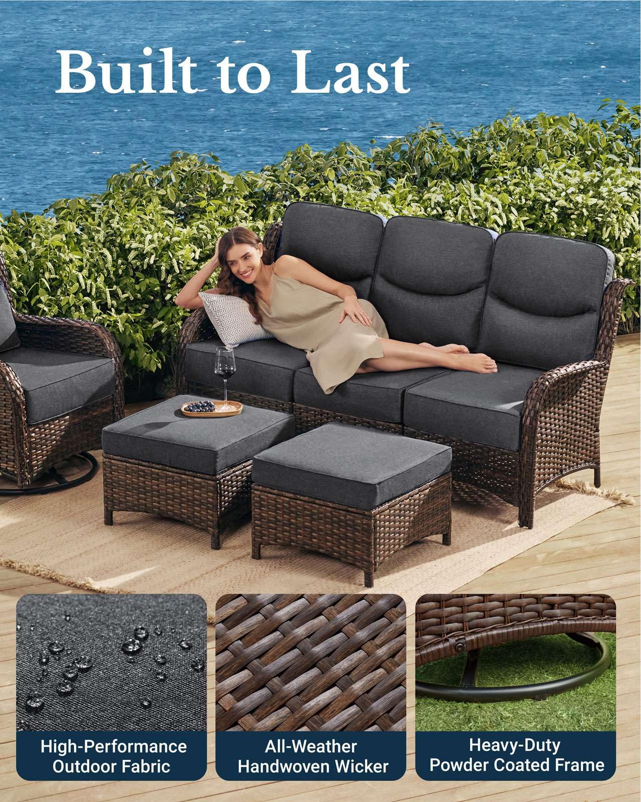HILLGA Luxury Patio Furniture Set with 6-inch Thick Cushion, Outdoor Couch and High Back Swivel Rocker Patio Chairs, 10PCS Wicker Conversation Set for Deck Yard and Poolside, Dark Grey (V2)