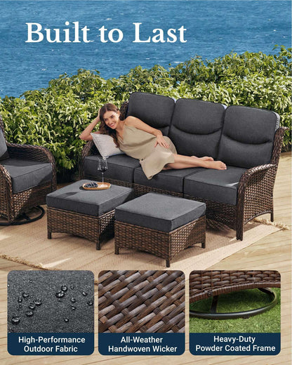 HILLGA Luxury Patio Furniture Set with 6-inch Thick Cushion, Outdoor Couch and High Back Swivel Rocker Patio Chairs, 10PCS Wicker Conversation Set for Deck Yard and Poolside, Dark Grey (V2)