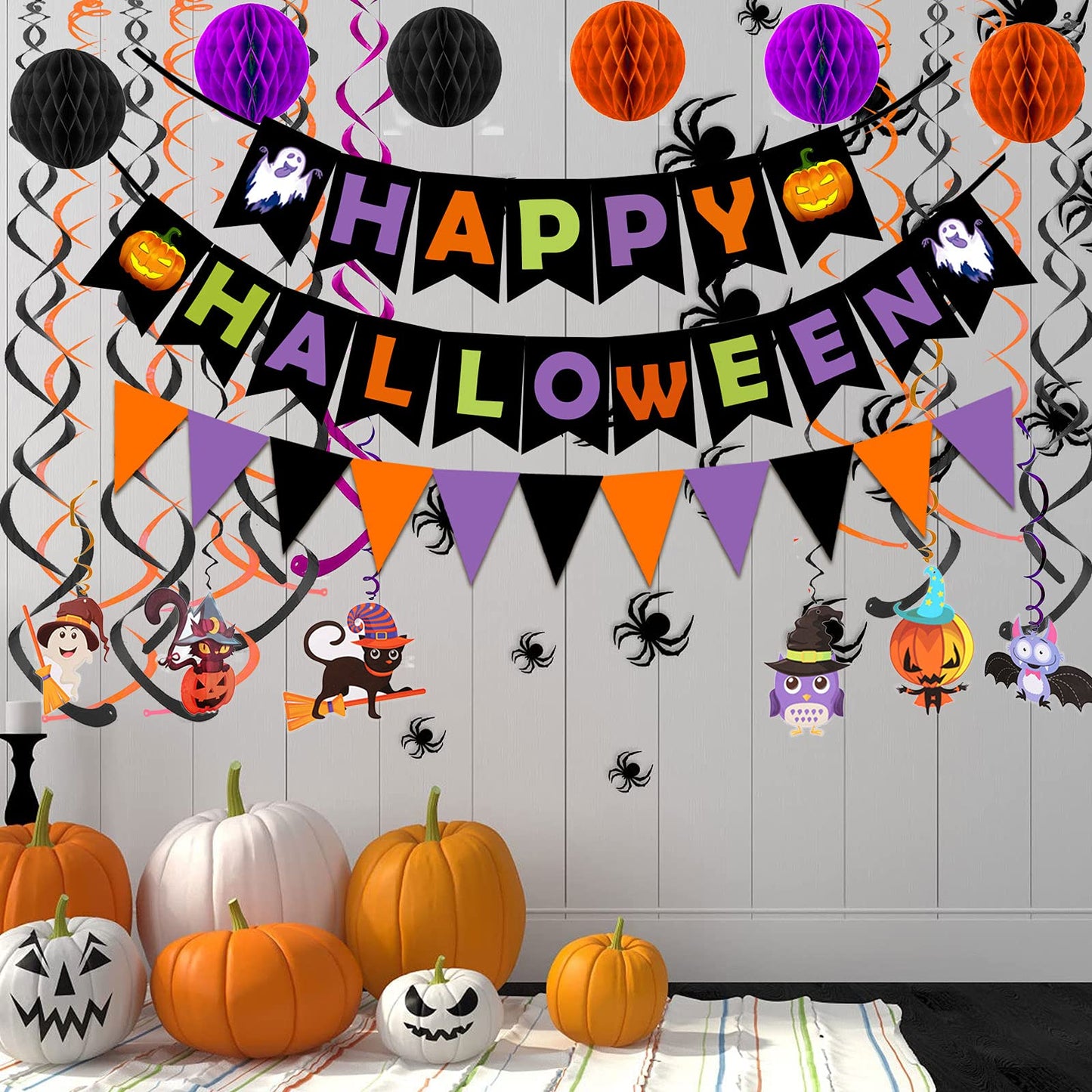 Happy Halloween Banner Paper Triangle Flag Bunting Circle Confetti Dots Hanging Garland Honeycomb Ball Swirl Streamers for Halloween Party Decorations