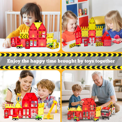 Magnetic Tiles for Kid, Construction Magnet Tiles with Fire Truck & Station, Building, Road, Crane, and Car Toys - Educational Travel Magnetic Tiles for Kids Ages 4-8, STEM Toys for 3+ Year Old