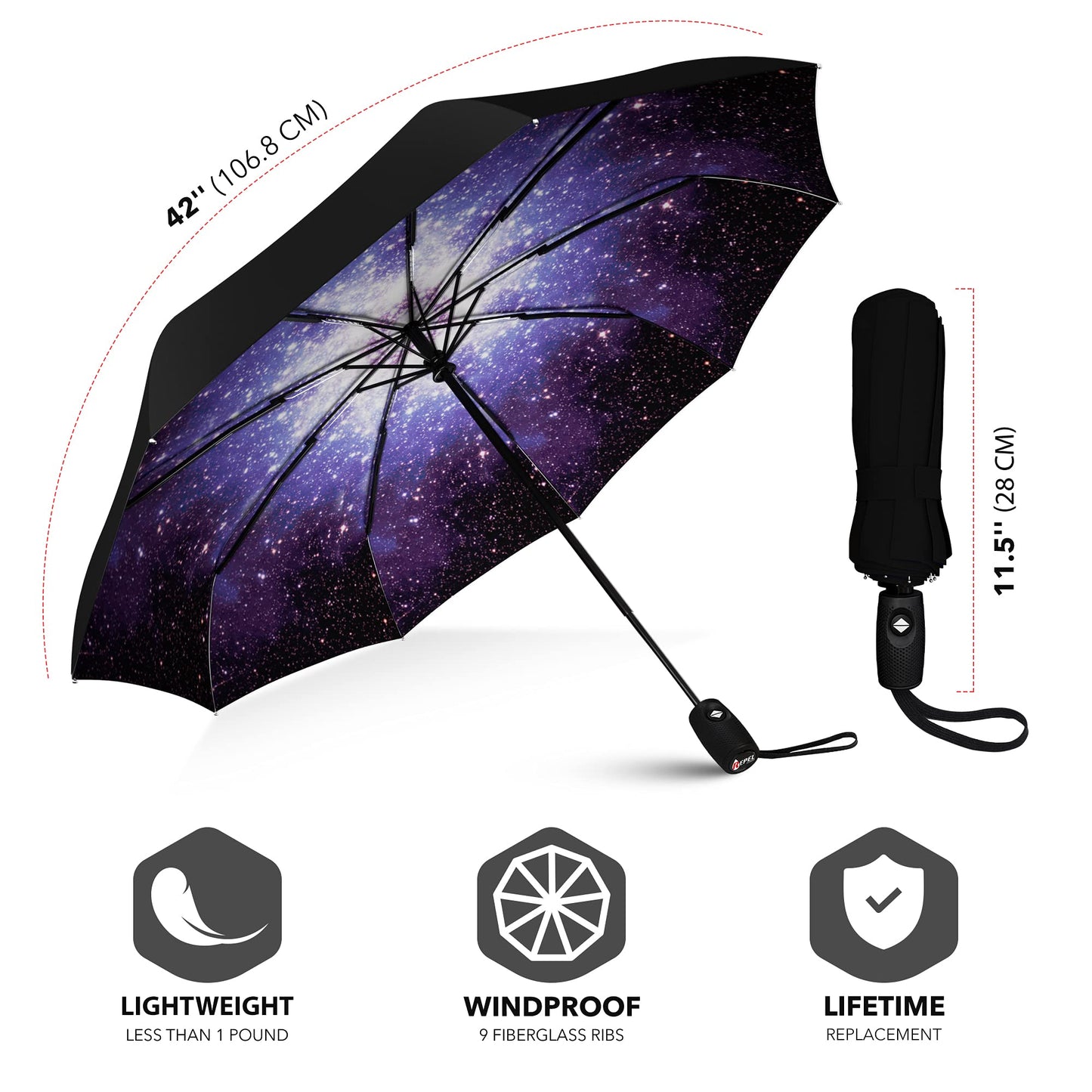 Repel Travel Umbrella: Windproof Travel Umbrella and Compact Mini - Perfect for Car, Golf, and On-the-Go. Small Travel Umbrella Compact Mini, Windproof and Strong, Starry Night