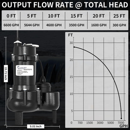 LANCHEZ 1HP 6600 GPH Submersible Sewage Pump, Heavy Duty Cast Iron Effluent Pump with Automatic Tethered Float Switch, Sump Pump for Sump Basin, Basement, Residential, 2" NPT Discharge