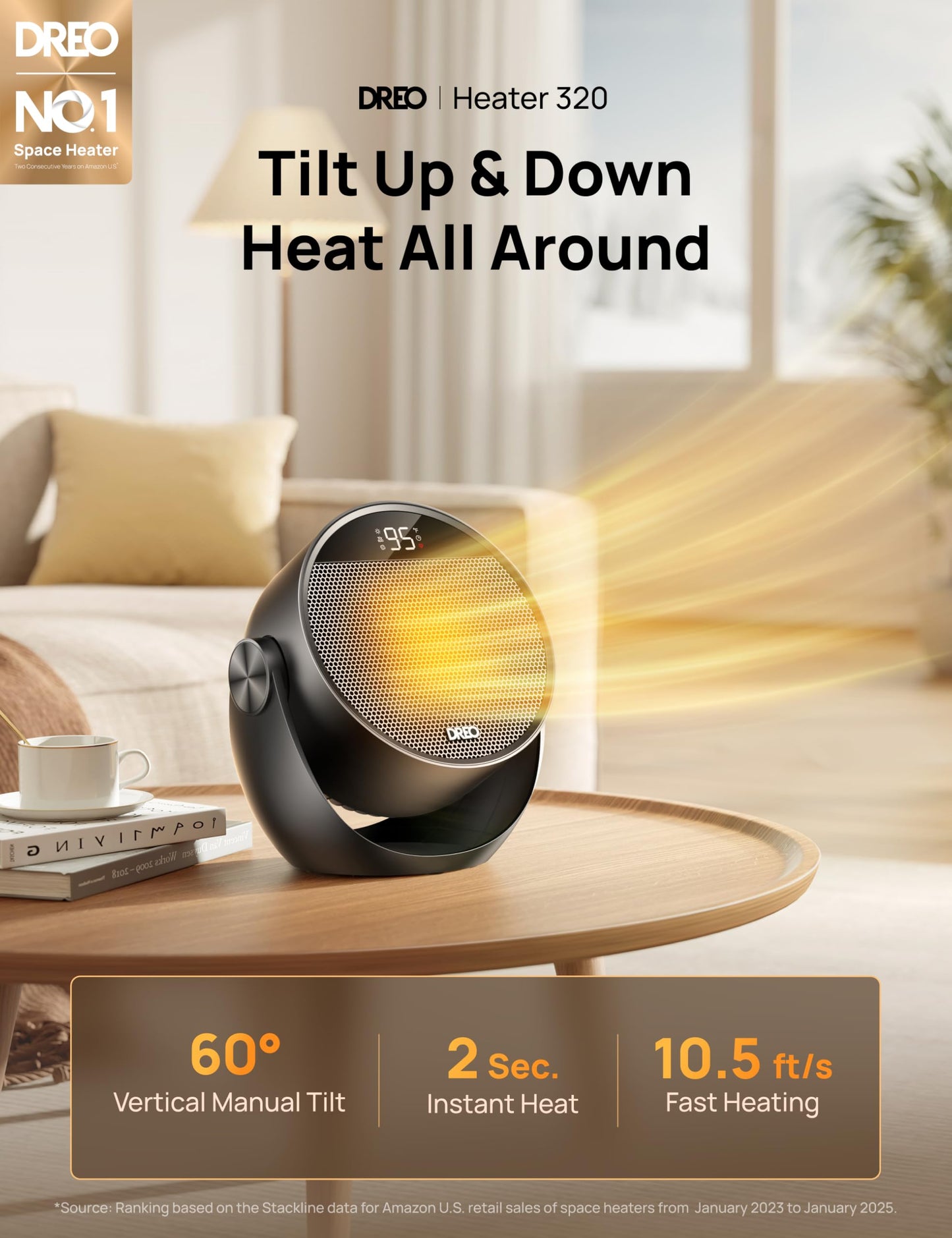 Dreo Space Heater 1500W, 60° Adjustable Tilt, 10.5ft/s Portable Electric Heaters for Indoor Use with Thermostat, 8 Safety Protections, 3 Modes, Remote, Quiet Desk Heater for Bedroom, Office, Black