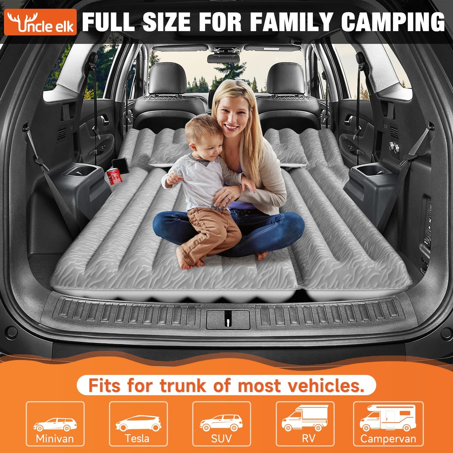 Uncle elk SUV Air Mattress: Inflatable Car Air Mattress for Camping, Flocking Car Bed with Air Pump & 2 Pillows, Portable Sleeping Pad Mattress for Home Car Travel Camping Grey
