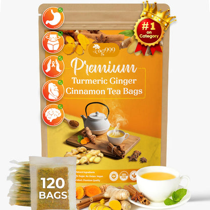 120 Bags Premium Turmeric Ginger Cinnamon Tea, Improve Digestion, Support Brain, Weight, Skin and Sleep, Eco-Conscious Tea Bags and Premium Natural Ingredients. Turmeric Ginger Herbal Tea. No Sugar, No Caffeine, No Gluten, Vegan.