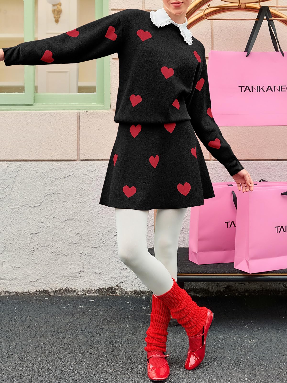 Tankaneo Womens 2 Piece Skirt Sets Pullover Sweaters Pleated Mini Skirt Fall Winter Knit Trendy Valentine's Day Sweater Sets