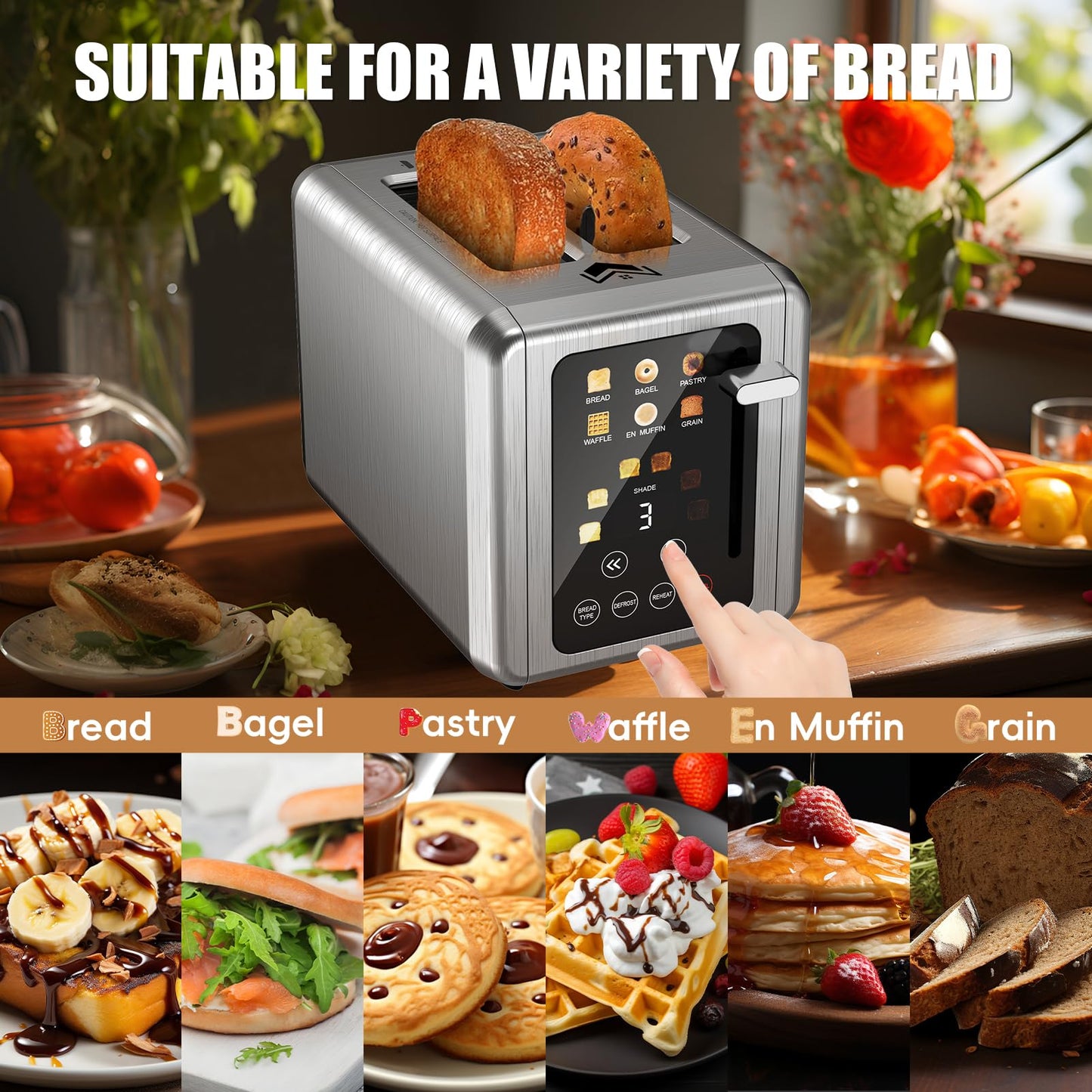 WUNLY Touch screen Toaster 2 slice,Stainless Steel Digital Timer Toasters with Sound Function,6 Bread Types & 6 Shade Settings,Smart Extra Wide Slots Toaster with Bagel,Defrost Functions