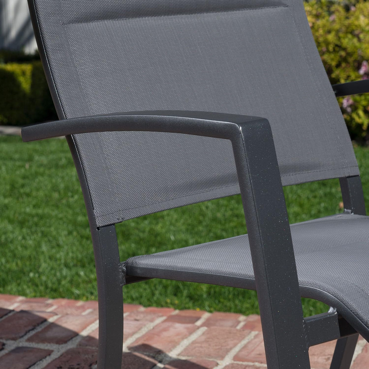 Hanover Naples 5-Piece Outdoor Dining Set with 38'' Rust Resistant Aluminum Square Dining Table and Grey Stackable Sling Chairs, Modern Space Saving All-Weather Patio Dining Set for 4