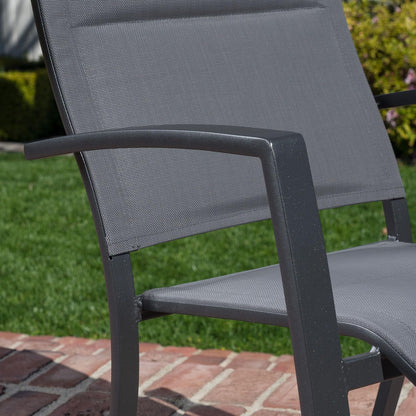 Hanover Naples 5-Piece Outdoor Dining Set with 38'' Rust Resistant Aluminum Square Dining Table and Grey Stackable Sling Chairs, Modern Space Saving All-Weather Patio Dining Set for 4