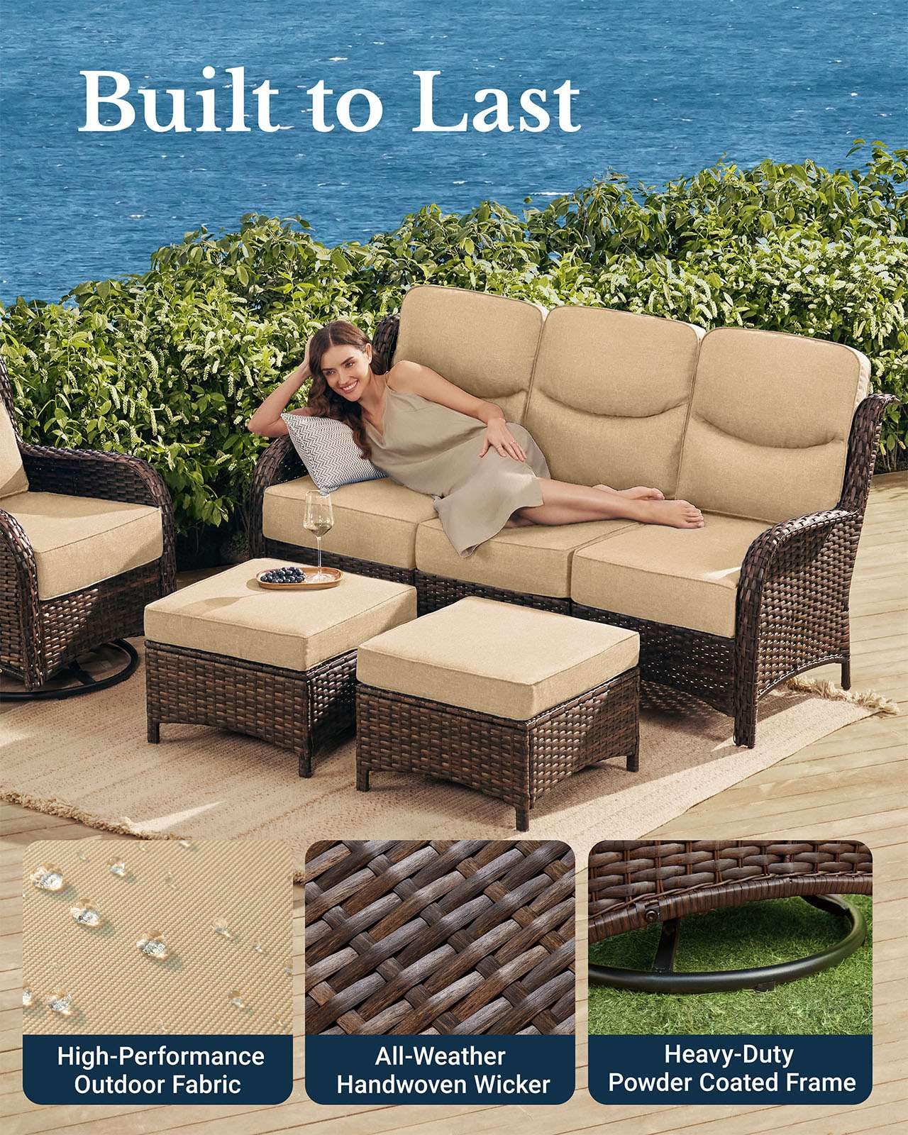 HILLGA Luxury Patio Furniture Set with 6-Inch Thick Cushions, High Back Outdoor Swivel Rocker Chairs and Patio Couch, 7-Piece All Weather Conversation Set for Porch Deck Pool Yard, Beige (V3)