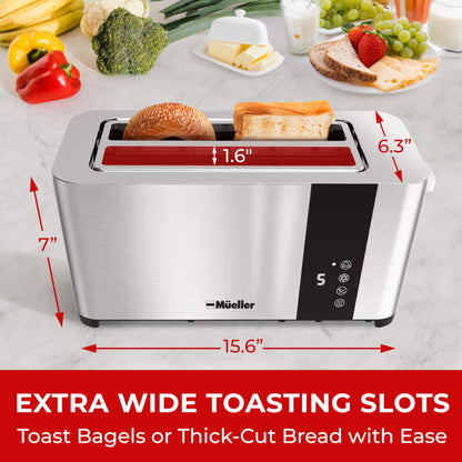 Mueller UltraToast Full Stainless Steel Toaster 4 Slice, Long Extra-Wide Slots with Removable Tray, Cancel/Defrost/Reheat Functions, 6 Browning Levels with LED Display, Kitchen Essentials & Gadgets