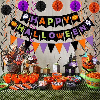 Happy Halloween Banner Paper Triangle Flag Bunting Circle Confetti Dots Hanging Garland Honeycomb Ball Swirl Streamers for Halloween Party Decorations