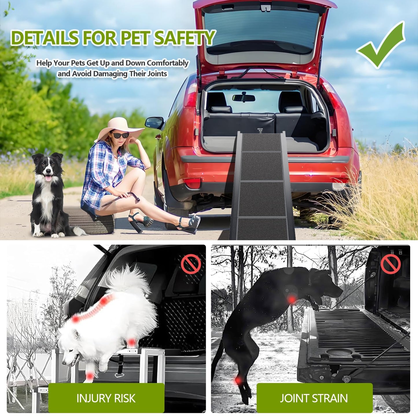 RUBLELITIE Dog Ramp for Cars SUV Truck-17.3x71in Heavy Duty Foldable Wide Outdoor Pet Stairs with Non-Slip Surface Portable Folding Design for Large Dogs Up to 250lbs (71" L x 17.3" W)