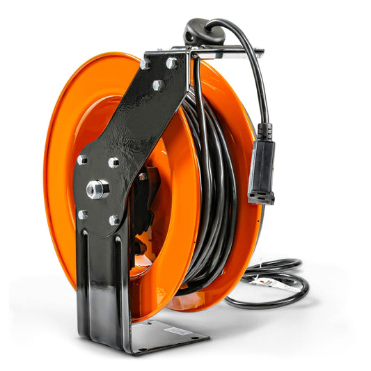 SuperHandy Extension Cord Reel Retractable 12AWG x 80' Foot 3C SJTOW Cable Triple Tap Connector Power Rating 125 Volt AC 15 Amp 1875 Watt Industrial Steel Single Arm