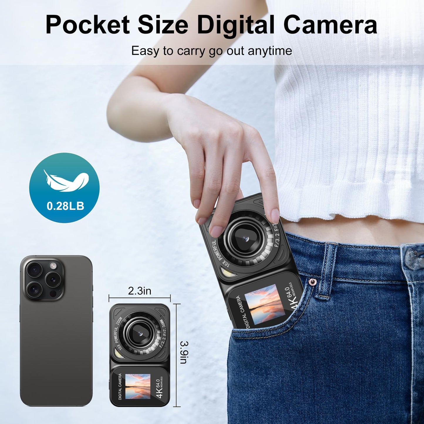 QUOLODOO Digital Camera, 4K 64MP Dual Screens Camera, 18X Zoom, Point and Shoot Digital Camera with 64GB TF Card & 2 Batteries, Portable Rechargeable Small Camera for Kids Teens Adult, Black