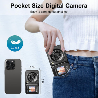 QUOLODOO Digital Camera, 4K 64MP Dual Screens Camera, 18X Zoom, Point and Shoot Digital Camera with 64GB TF Card & 2 Batteries, Portable Rechargeable Small Camera for Kids Teens Adult, Black