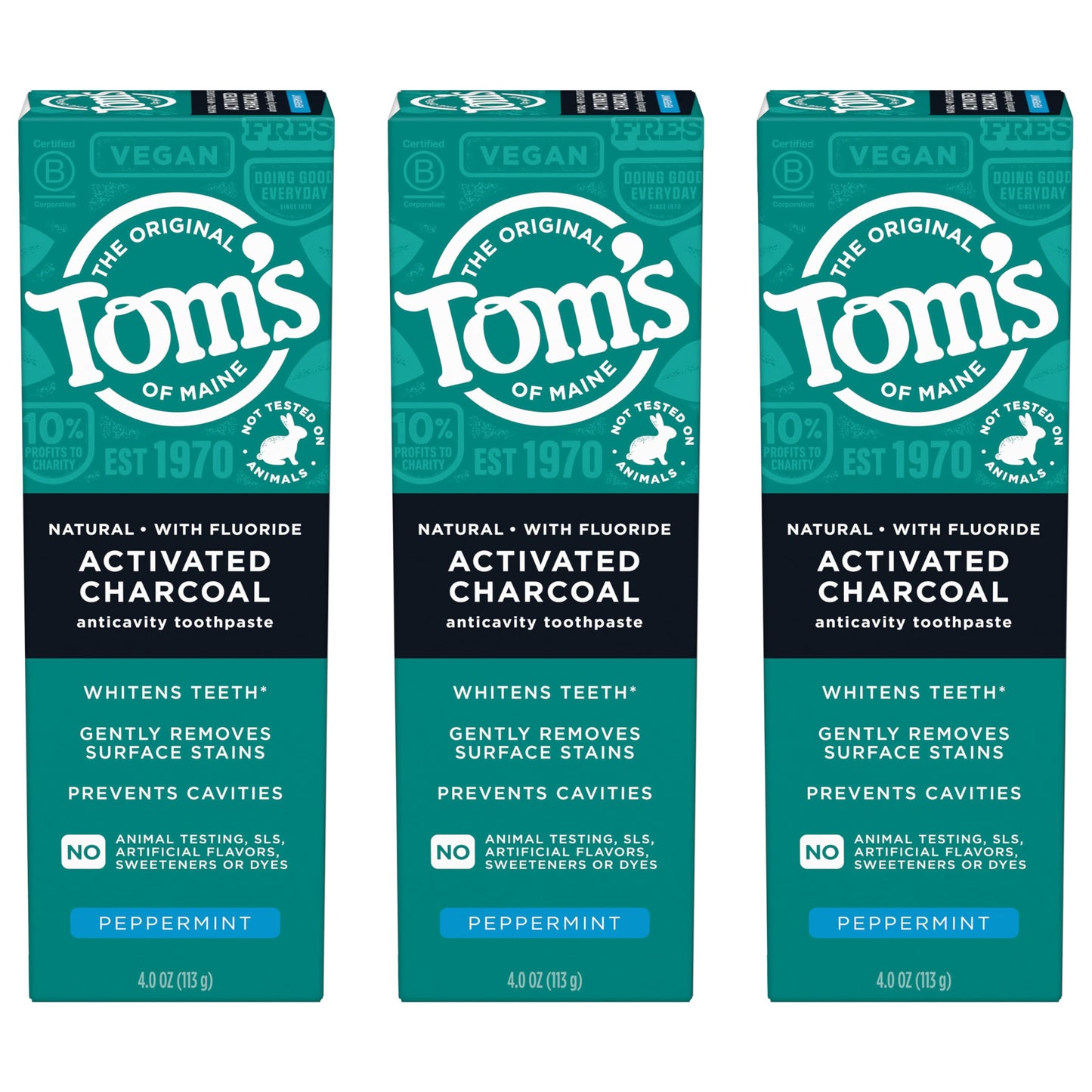 Tom’s of Maine Natural Activated Charcoal Toothpaste with Fluoride, Peppermint, 4.0 Oz (Pack of 3)