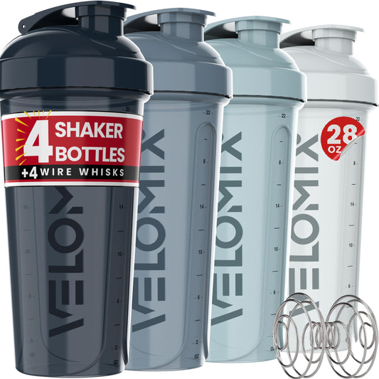 VELOMIX -4 PACK 28 Oz Protein Shaker Bottle for Protein Mixes - 4x Wire Whisk | Leak Proof Shaker Cups for Protein Shakes | Protein Shaker Bottle Pack | Protein Shake Cup (Aqua Depths)