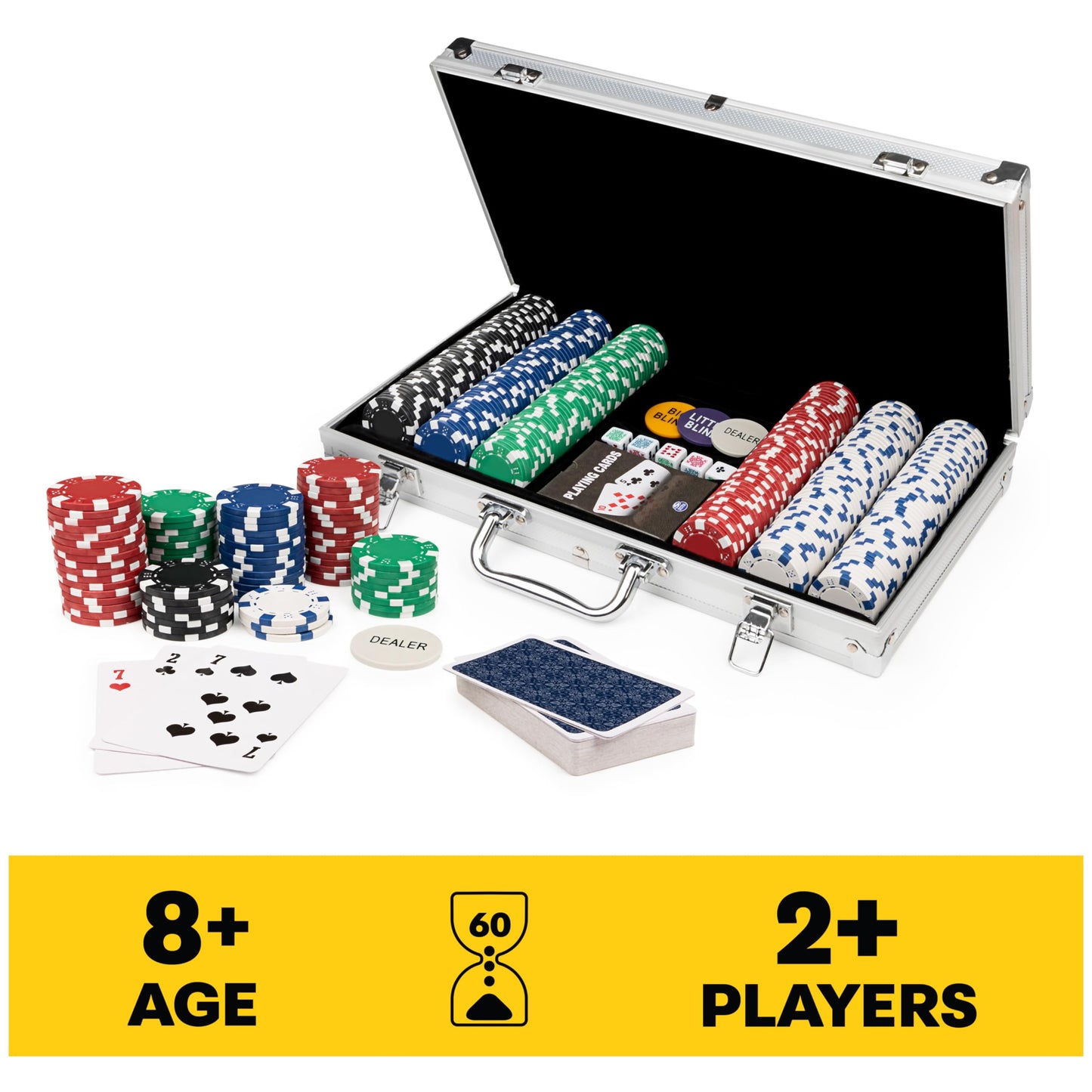 Cardinal Classics, 300-Piece Poker Set with Aluminum Carrying Case & Professional Weight Chips Plus 5 Poker Dice, Casino Game for Adults and Kids Ages 8 and up