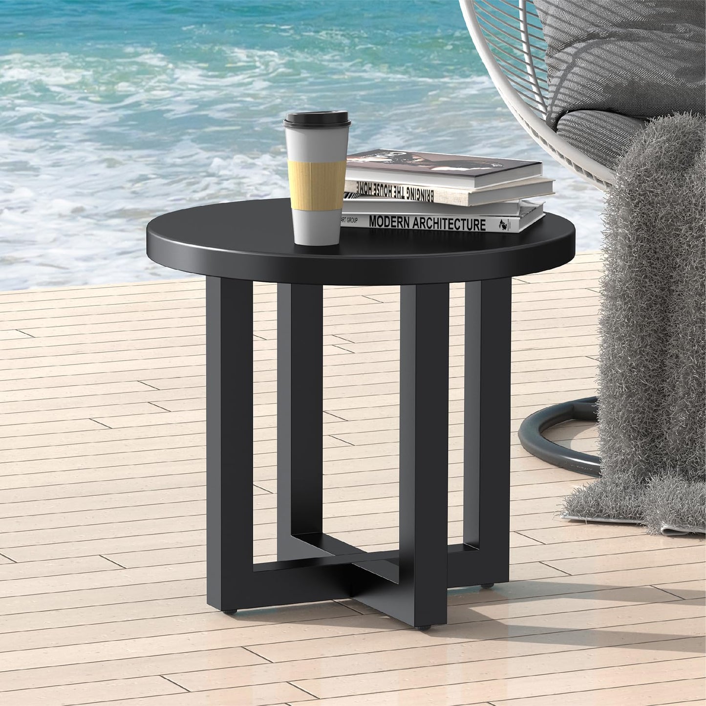Metal Outdoor Round Table, 2-Tier Sturdy Patio End Table Weather Resistant, 18.5" * 18.5" * 16.5" Solid Round End Table for Patio, Pool, Porch (Black)
