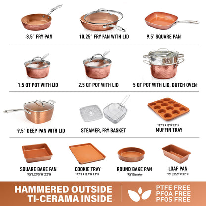 Gotham Steel Hammered Copper Collection – 20 Piece Premium Pots and Pans Set Nonstick Ceramic Cookware + Bakeware Set for Kitchen, Induction/Dishwasher/Oven Safe, Healthy and Non Toxic