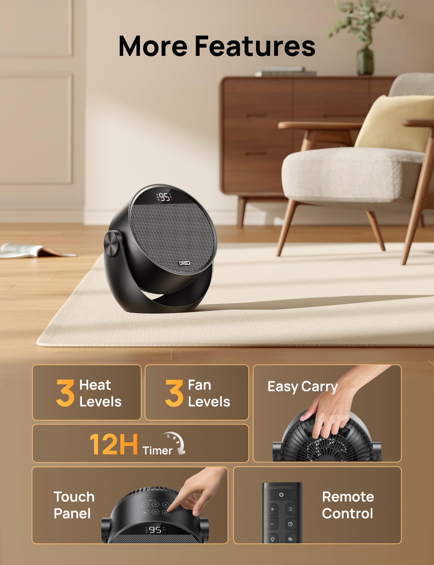 Dreo Space Heater 1500W, 60° Adjustable Tilt, 10.5ft/s Portable Electric Heaters for Indoor Use with Thermostat, 8 Safety Protections, 3 Modes, Remote, Quiet Desk Heater for Bedroom, Office, Black