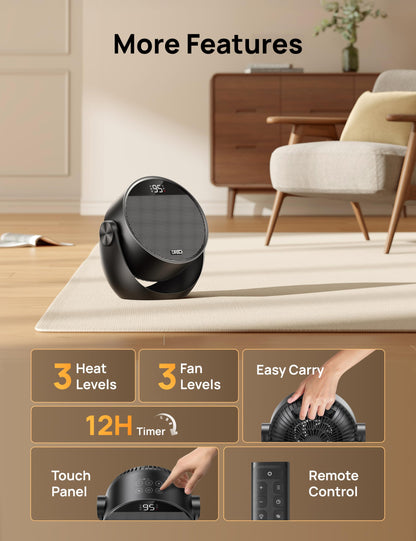 Dreo Space Heater 1500W, 60° Adjustable Tilt, 10.5ft/s Portable Electric Heaters for Indoor Use with Thermostat, 8 Safety Protections, 3 Modes, Remote, Quiet Desk Heater for Bedroom, Office, Black