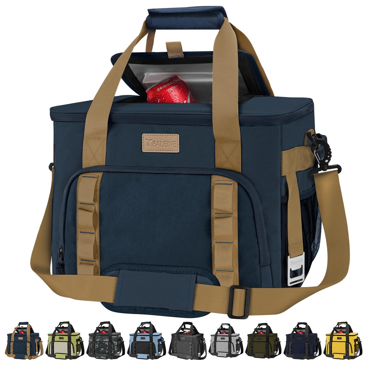BALEINE Extra Large Soft Cooler Bag, Portable Leakproof Cooler, 40/60 Cans Volume for Beach, Camping, Kayaking, Travel, and Road Trips (9.5 Gallon, Navy-Khaki)