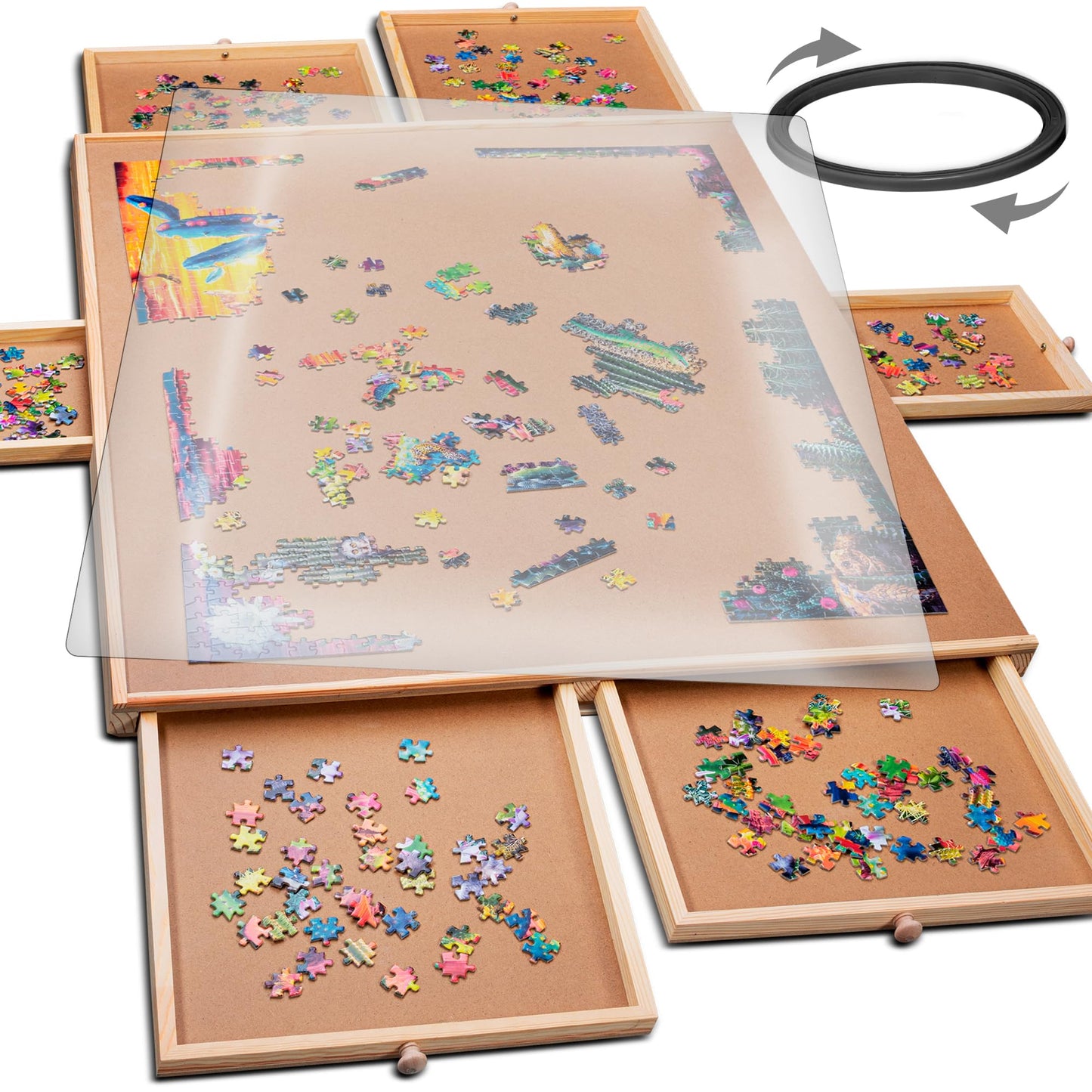 PLAYVIBE Rotating Jigsaw Puzzle Board with Drawers 1500 Piece – Puzzle Table with Cover, 6 Drawers, 27" x 35" – Wooden Puzzle Organizer – Puzzle Accessories