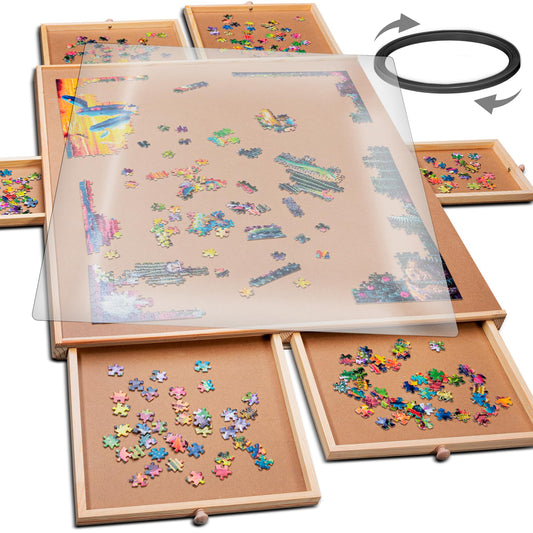 PLAYVIBE Rotating Jigsaw Puzzle Board with Drawers 1500 Piece – Puzzle Table with Cover, 6 Drawers, 27" x 35" – Wooden Puzzle Organizer – Puzzle Accessories