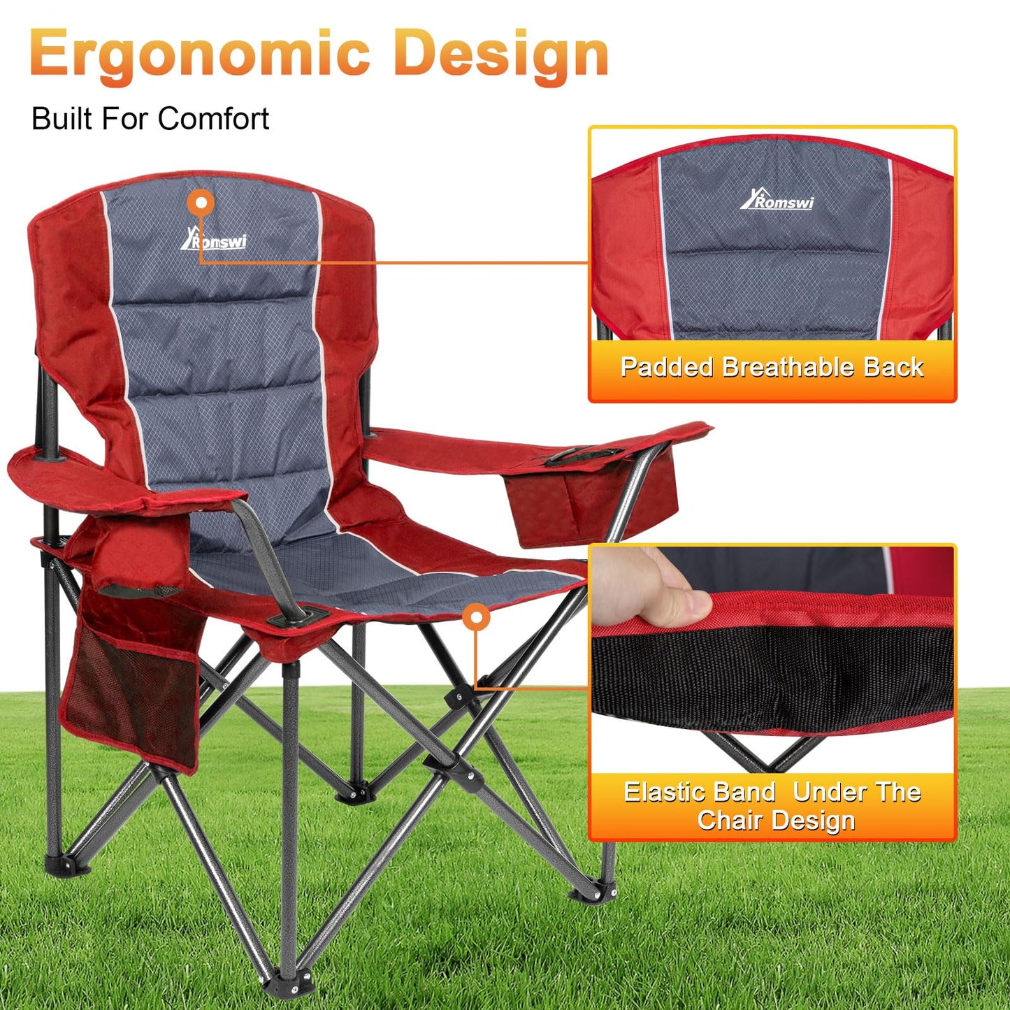 Romswi Oversized Camping Chairs,Heavy Duty Support 500 LBS,Padded Back & Arm Sport Chairs, Cup Holder Cooler Bag, Collapsible Folding Chairs for Outdoor, Fishing & Garden, Red,2-Pack