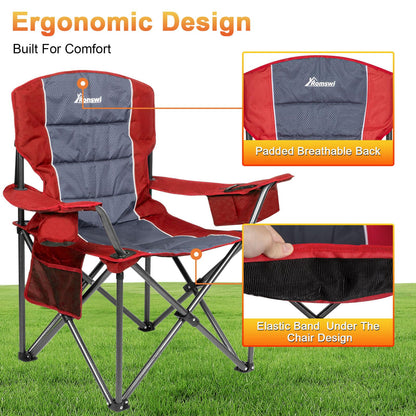 Romswi Oversized Camping Chairs,Heavy Duty Support 500 LBS,Padded Back & Arm Sport Chairs, Cup Holder Cooler Bag, Collapsible Folding Chairs for Outdoor, Fishing & Garden, Red,2-Pack