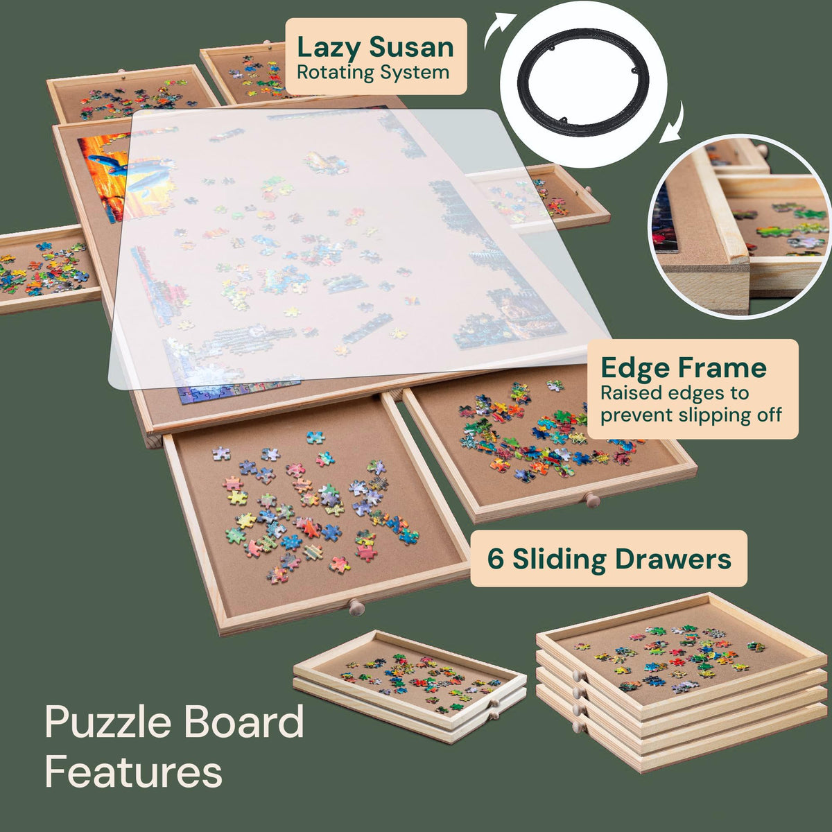 PlayVibe 1500 Piece Rotating Puzzle Board with Drawers and Cover - Sturdy Jigsaw Puzzle Table with 6 Drawers 26" x 35" - Portable Puzzles Boards with Lazy Susan, Wooden, Spinning Puzzles Accessories