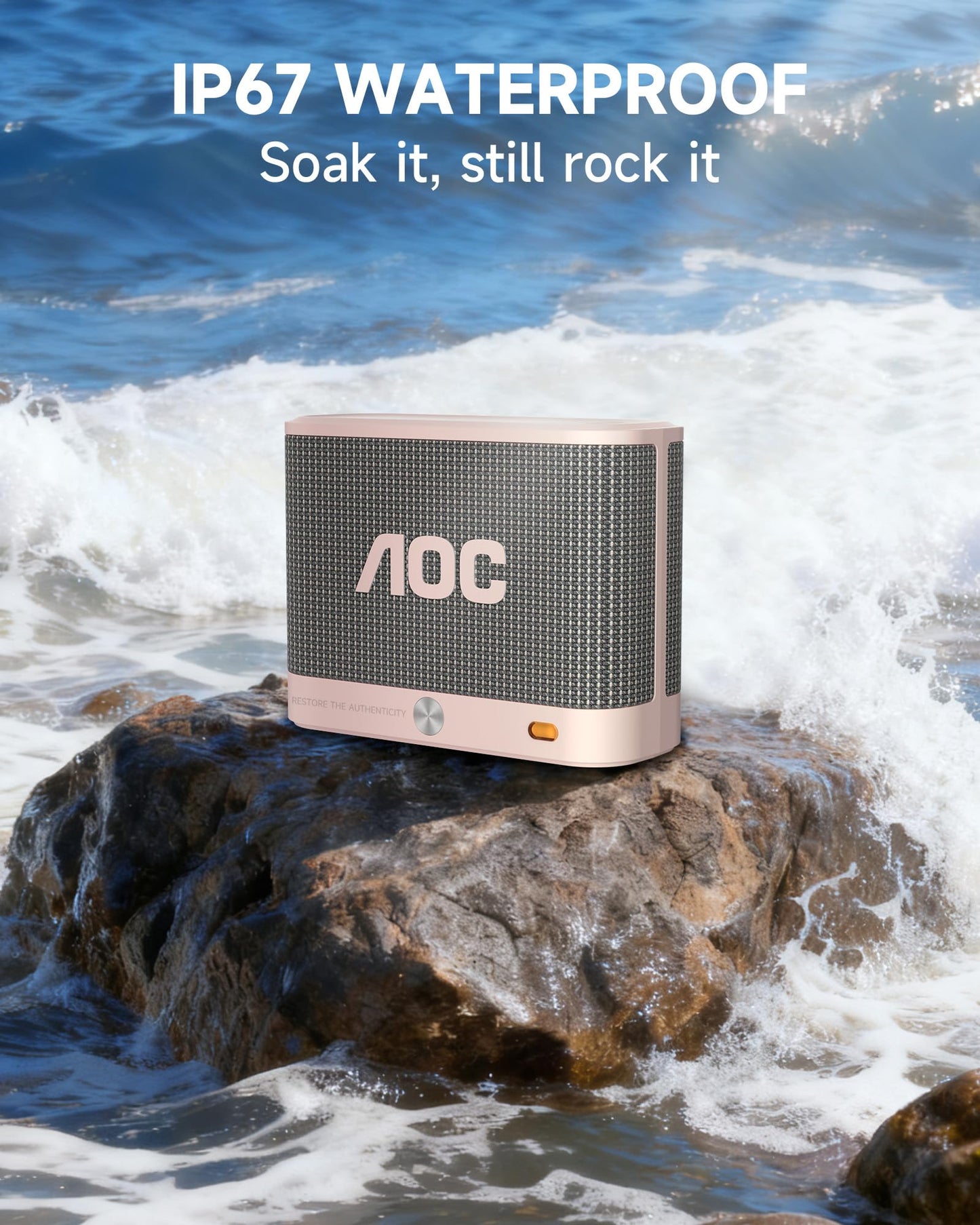 AOC Portable Bluetooth Speaker, Shower Speaker, BT 5.4 with Wireless Stereo Pairing, BassUp, IP67 Waterproof, Dustproof, 30-Hour Playtime, Compact Small for Home, Outdoors, Travel, White